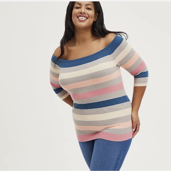 torrid Sweaters - Torrid S MULTI STRIPE 3/4 Sleeve OFF Shoulder Ribbed Sweater 2X